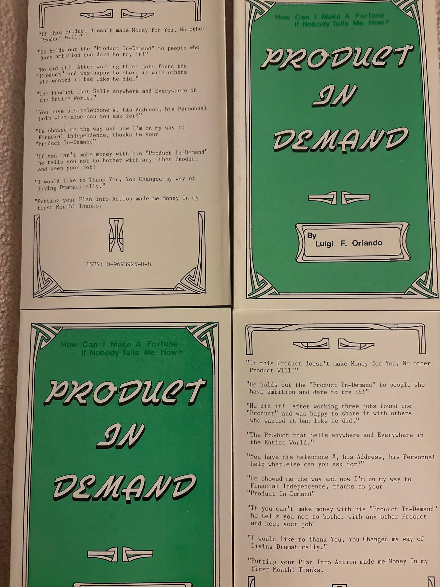 Two book covers with green and beige design, featuring text 'Product on Demand'.