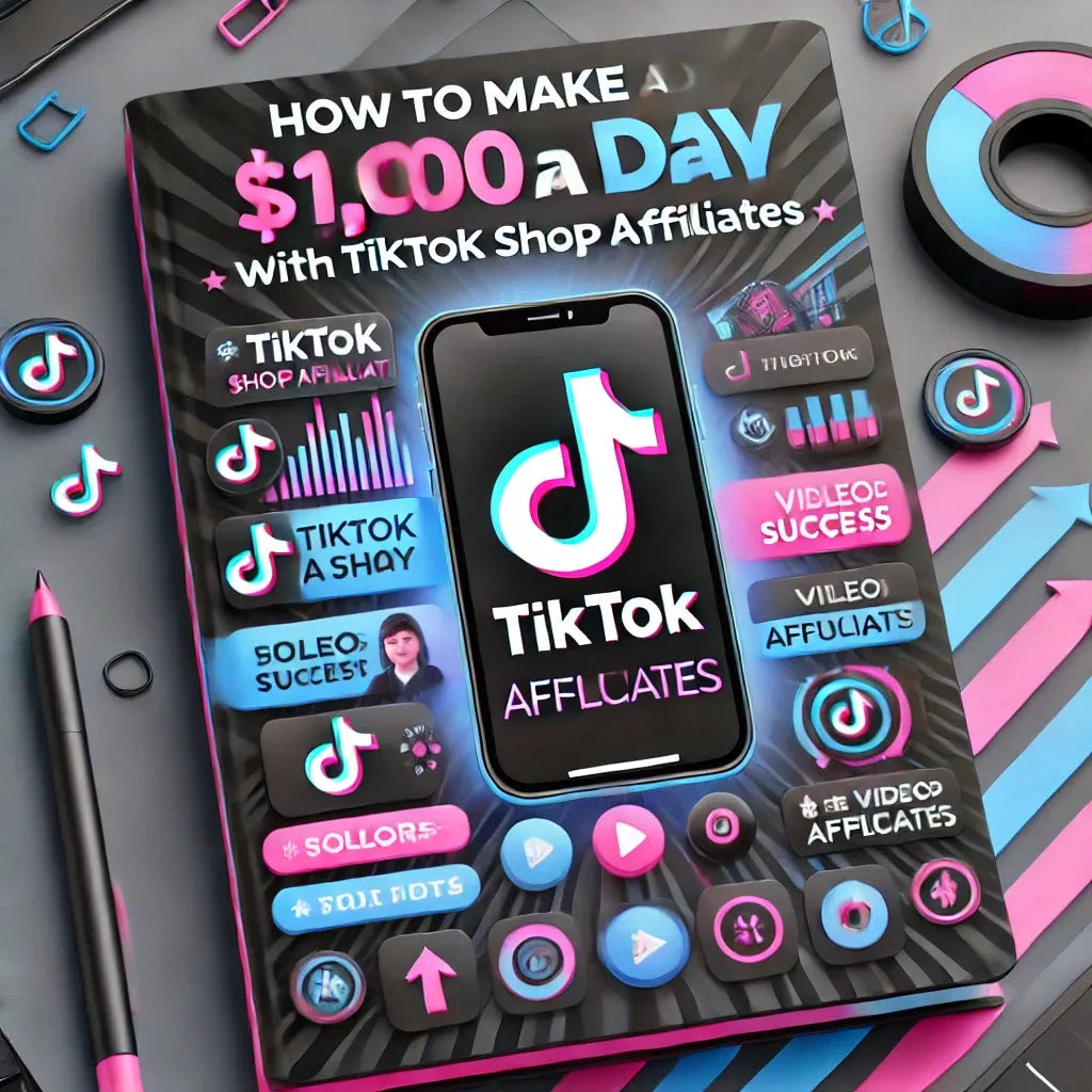 Promotional material for a TikTok affiliate marketing course, featuring the TikTok logo, app, and various symbols related to affiliate marketing, presented on a tablet with a background of pink and blue graphic elements.
