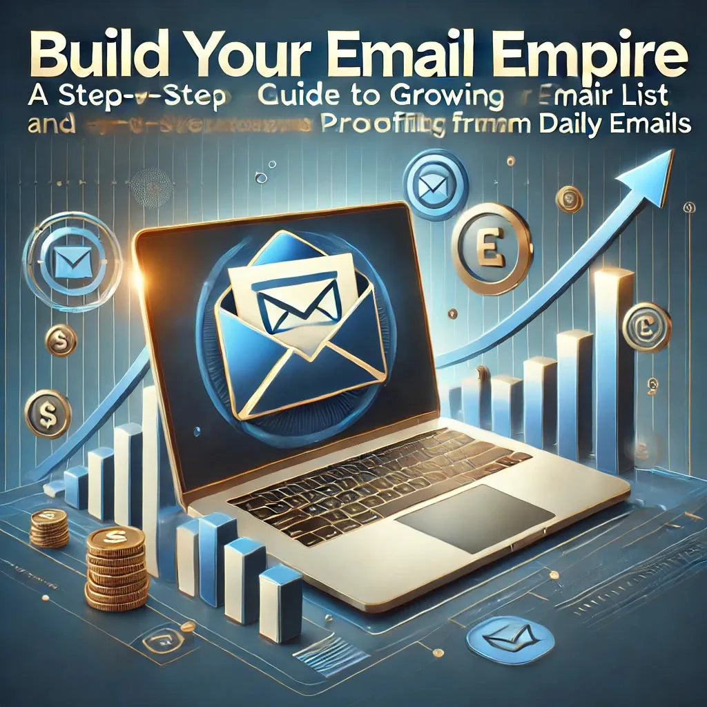 Promotional image for a digital product called 'Build Your Email Empire' featuring an open laptop with an email inbox symbol on the screen, surrounded by graphical elements like charts and coins, indicating a step-by-step guide to growing an email list and profiting from daily emails.