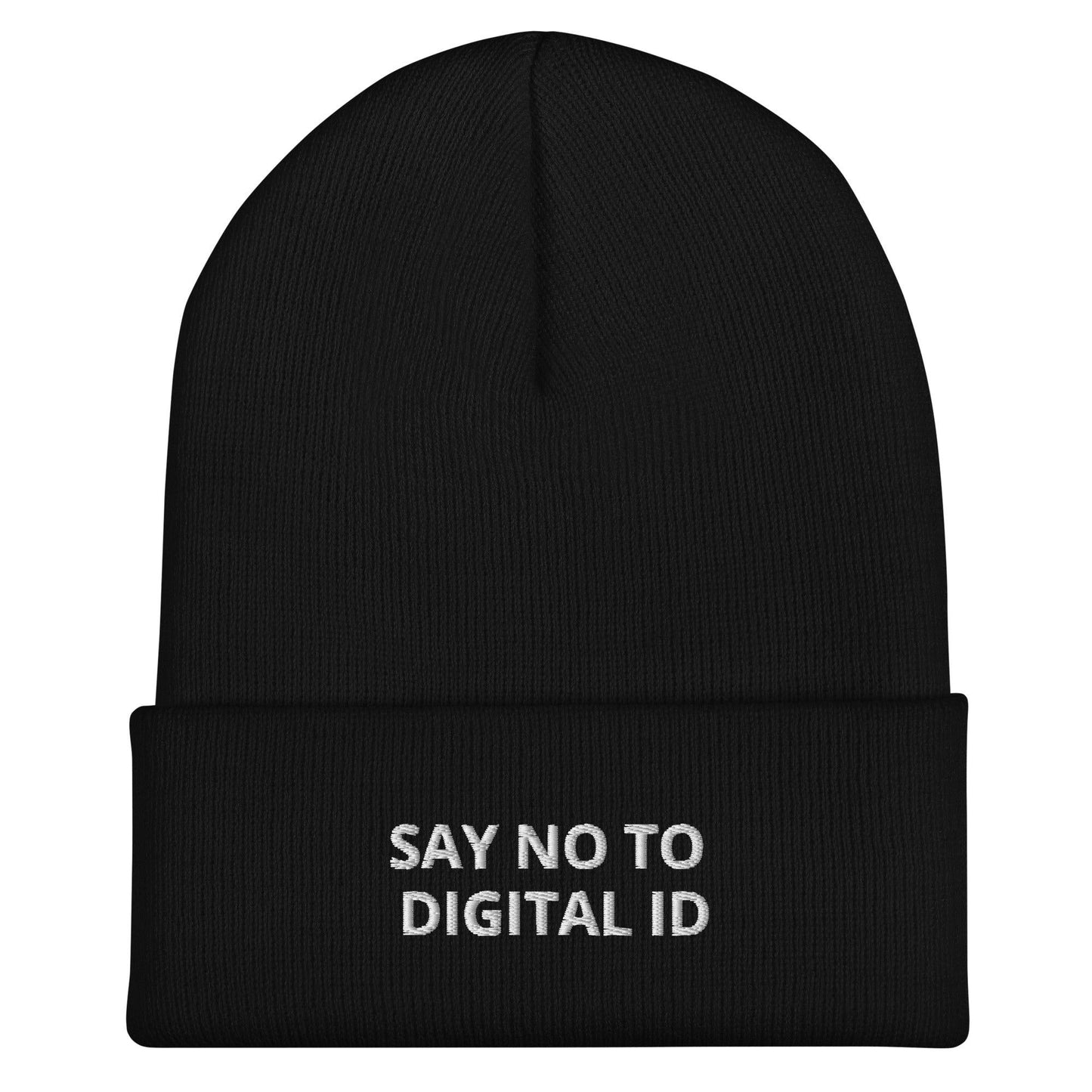 Black beanie with 'SAY NO TO DIGITAL ID' text on a white background