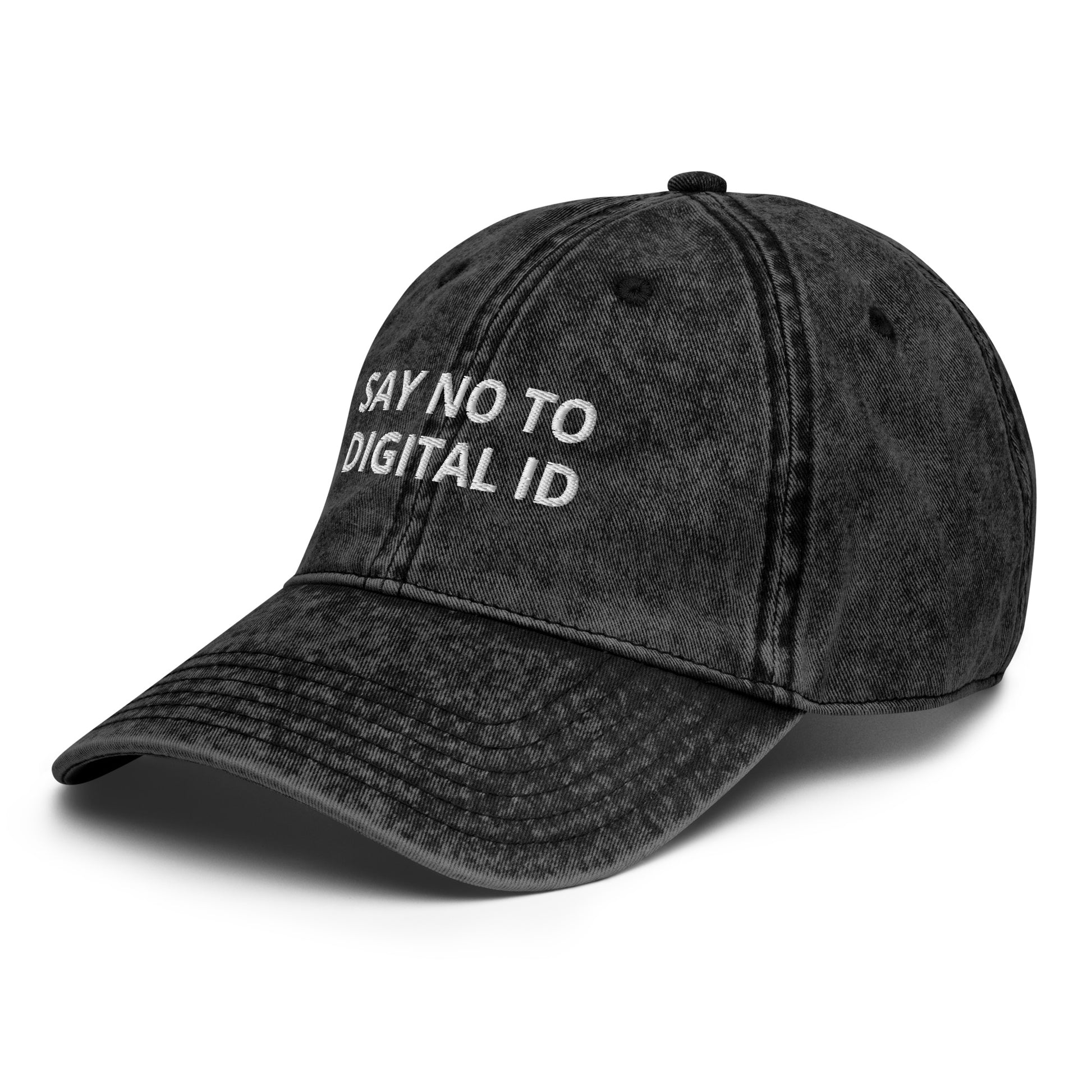 Black cap with 'Say No to Digital ID' text on a white background
