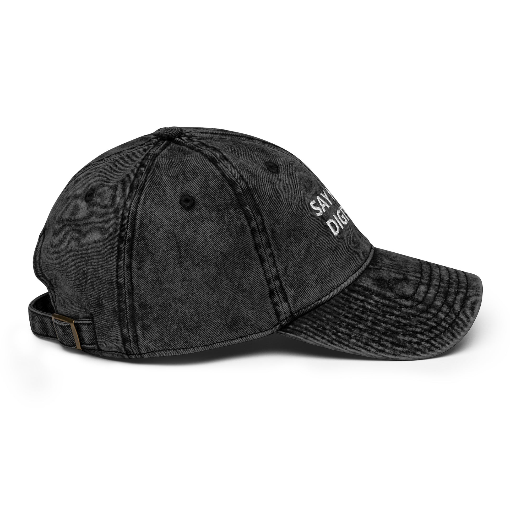 Black denim cap with 'Say Diamond' embroidery on a white background
