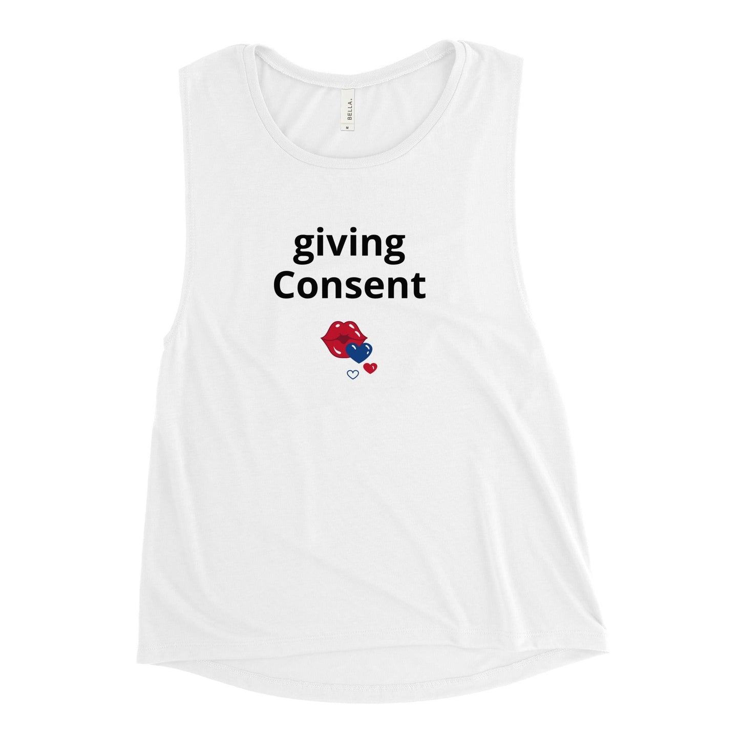 A white muscle tank top with the text 'GIVING CONSENT' and a small graphic of a red and blue heart on the front.