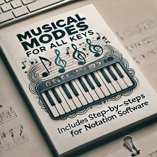 A PDF cover of 'Musical Modes for All Keys' showing a musical keyboard and notes, with the title and author's name.