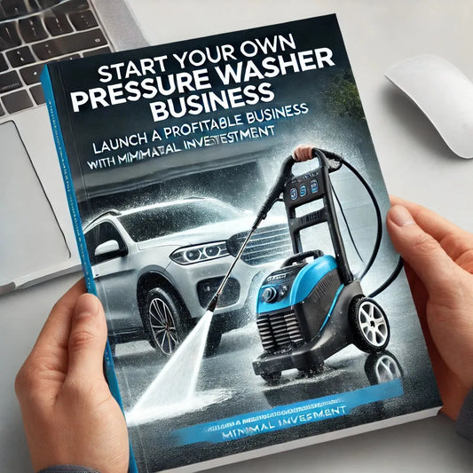 A book cover of 'Start Your Own Pressure Washer Business' featuring a blue pressure washer and a car being cleaned, held in front of a laptop and a keyboard.