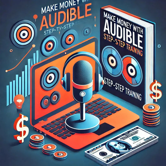 Promotional graphic for a course titled 'Make Money with Audible: Step-by-Step Training' showing a microphone with a pop filter, a laptop, and a book with the title and step-by-step training text, surrounded by coins and audio-related graphics.