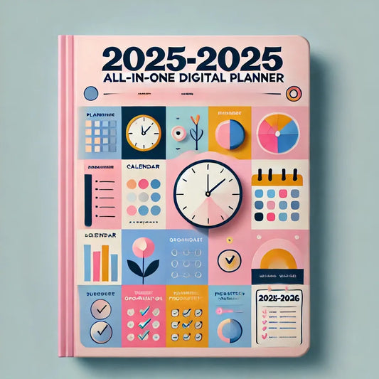 A digital planner for the years 2025-2026, with various templates and sections for planning, including a calendar, habit tracker, and productivity grid, displayed in vibrant colors on a tablet.