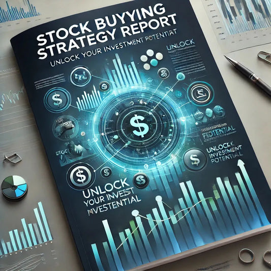 A digital product guide titled 'Stock Buying Strategy Report' with a graphical representation of stock market data, including charts and a dollar sign, on its cover.