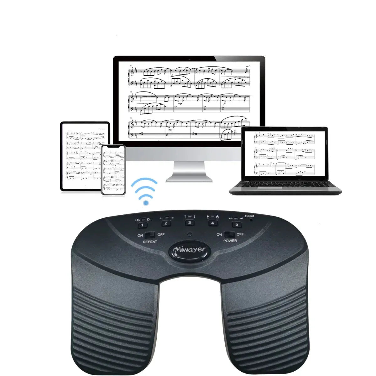 A Bluetooth wireless page turner pedal with a anti-slip rubber base, displayed with a laptop, tablet, and phone, indicating connectivity and use for music page turning.