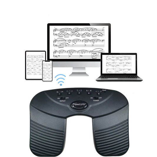 A Bluetooth wireless page turner pedal with a anti-slip rubber base, displayed with a laptop, tablet, and phone, indicating connectivity and use for music page turning.