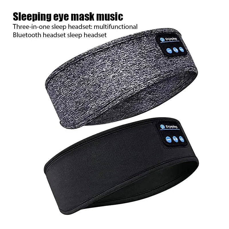 Two pieces of headwear, one in black and one in gray, each with a built-in Bluetooth headset and labeled as 'Sleeping Eye Mask Music'.