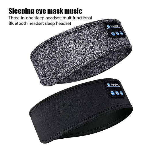 Two pieces of headwear, one in black and one in gray, each with a built-in Bluetooth headset and labeled as 'Sleeping Eye Mask Music'.