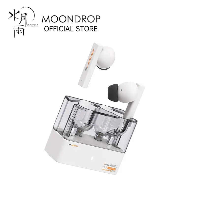 A pair of MOONDROP Space Travel TWS Earphones in white color, with a transparent charging case displaying the earphones inside.