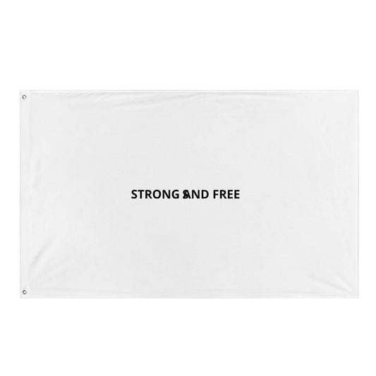 A rectangular white flag with the text 'STRONG AND FREE' in the center, featuring two iron grommets.