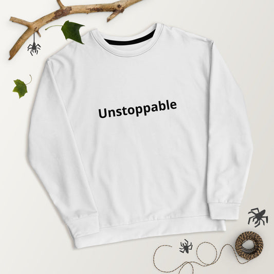 White crewneck sweatshirt with the word 'Unstoppable' printed in black text across the front, displayed flat with a natural background.
