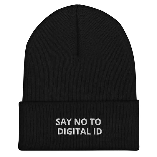 Black beanie with 'SAY NO TO DIGITAL ID' text on a white background
