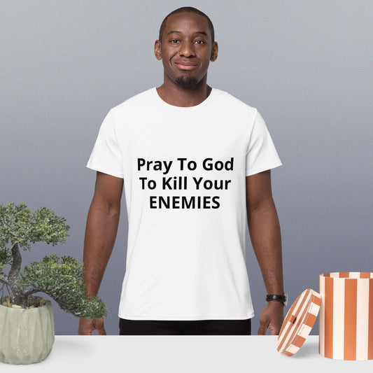 A man wearing a white crew neck t-shirt with text printed on the front.