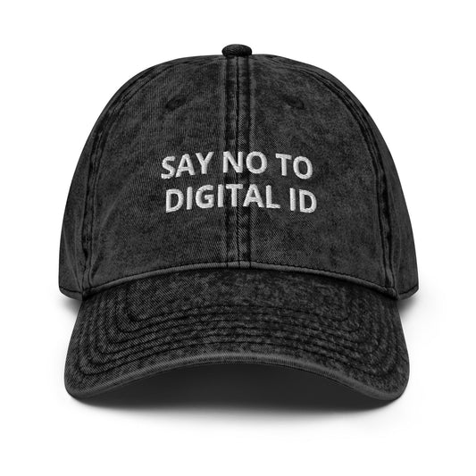 Black cap with 'SAY NO TO DIGITAL ID' text on a white background